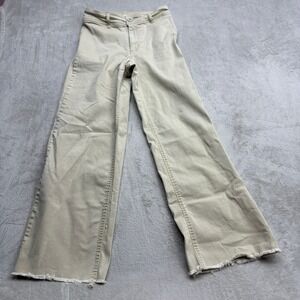 OAT New York Wide Leg Pants Women 28 Tan Raw Hem Hi Rise Coastal Grandma Preppy